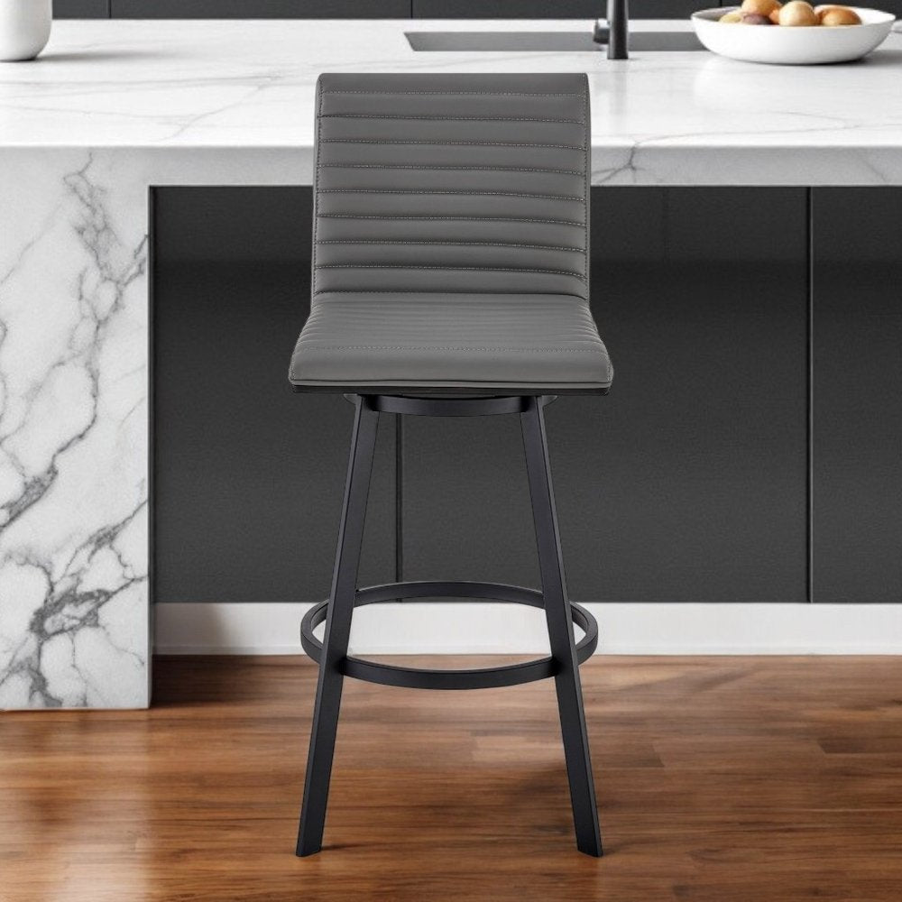 26" Gray And Black Faux Leather And Iron Swivel Counter Height Bar Chair HomeRoots