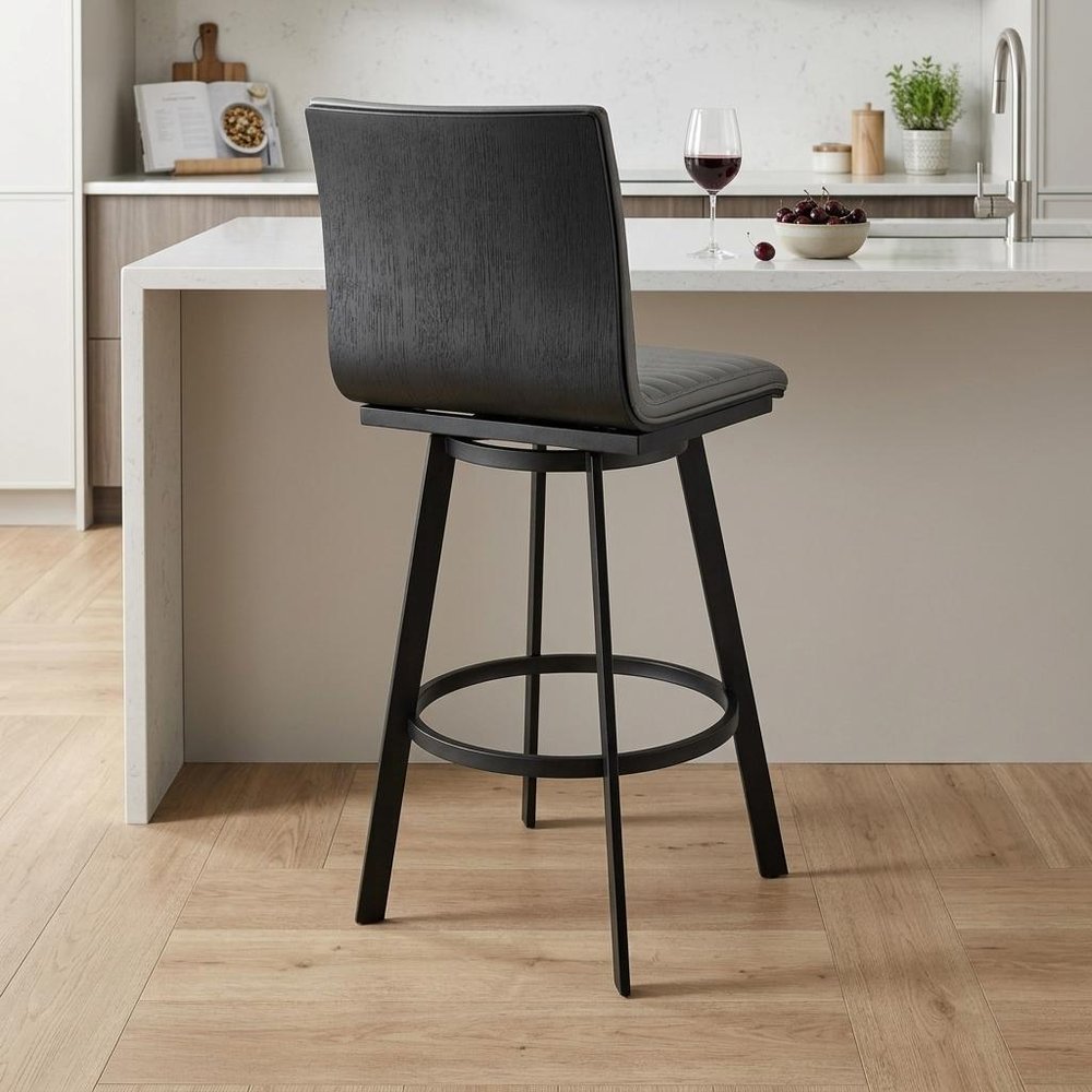 26" Gray And Black Faux Leather And Fabric And Iron Counter Height Swivel Bar Chair HomeRoots