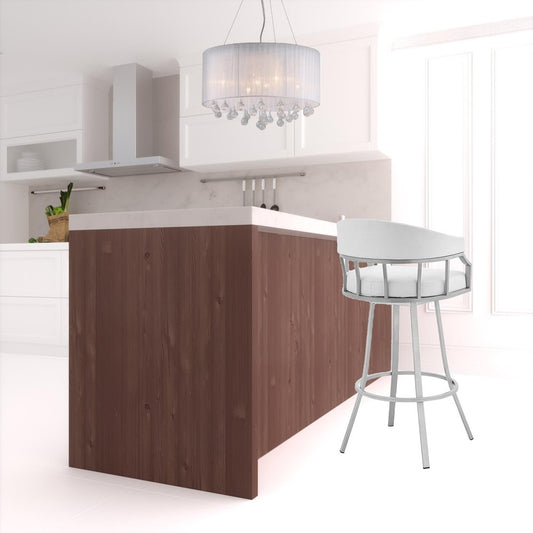 30" White And Silver Faux Leather And Iron Swivel Low Back Bar Height Bar Chair HomeRoots