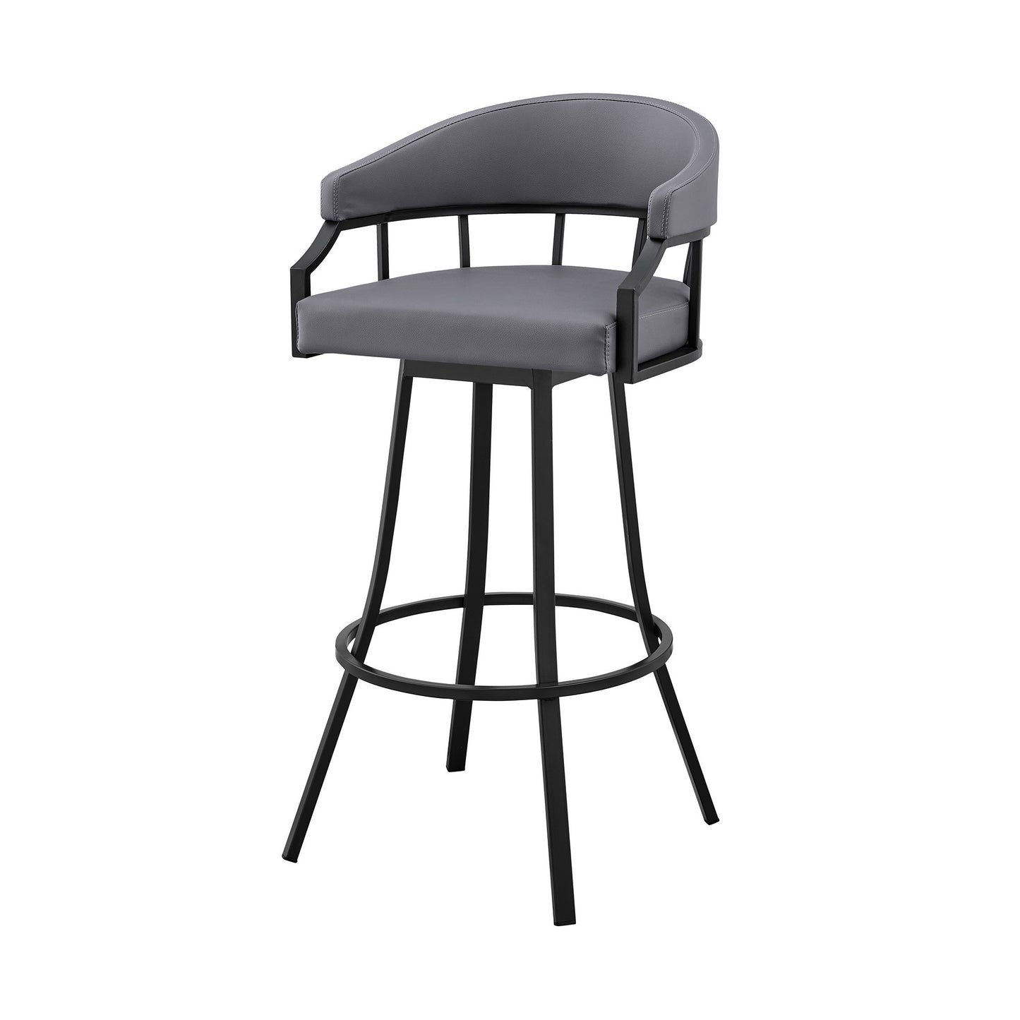 30" Slate Gray And Black Faux Leather And Iron Swivel Low Back Bar Height Bar Chair