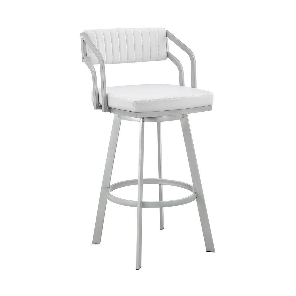 26" White And Silver Fabric And Iron Low Back Counter Height Swivel Bar Chair HomeRoots