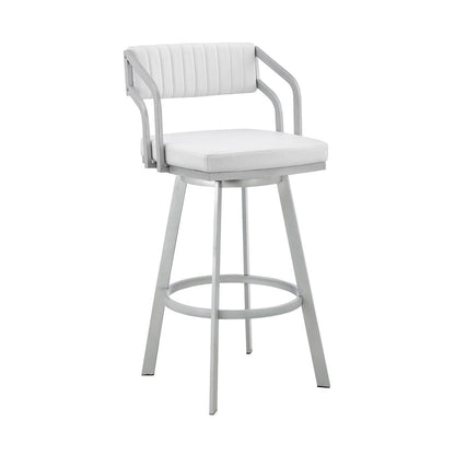26" White And Silver Fabric And Iron Low Back Counter Height Swivel Bar Chair HomeRoots