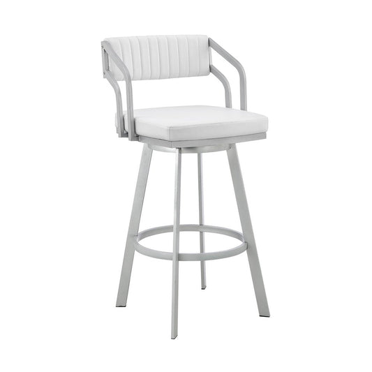 26" White And Silver Fabric And Iron Low Back Counter Height Swivel Bar Chair HomeRoots
