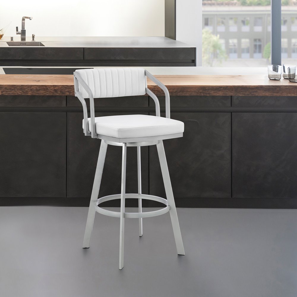 26" White And Silver Fabric And Iron Low Back Counter Height Swivel Bar Chair HomeRoots