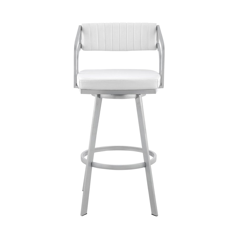 26" White And Silver Fabric And Iron Low Back Counter Height Swivel Bar Chair HomeRoots