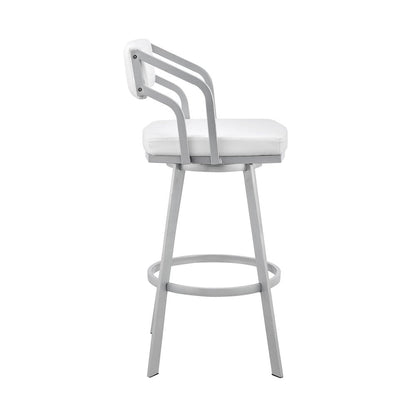 26" White And Silver Fabric And Iron Low Back Counter Height Swivel Bar Chair HomeRoots