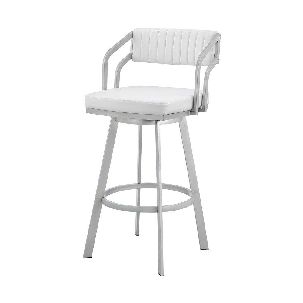 26" White And Silver Fabric And Iron Low Back Counter Height Swivel Bar Chair HomeRoots