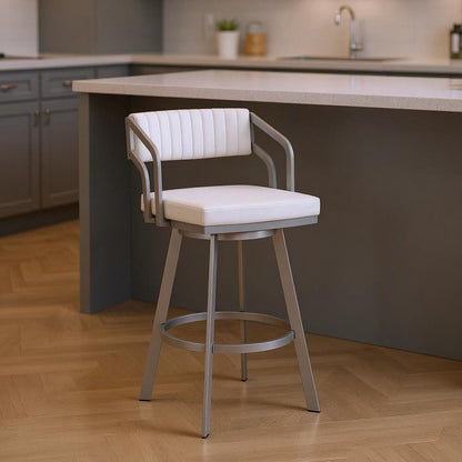 26" White And Silver Fabric And Iron Low Back Counter Height Swivel Bar Chair HomeRoots