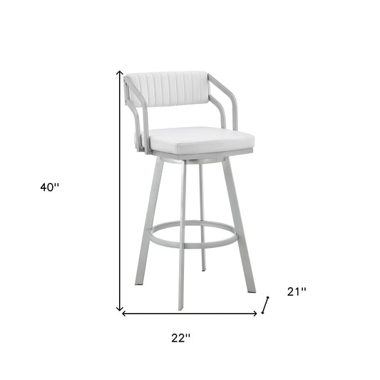 30" White And Silver Iron Swivel Low Back Bar Height Bar Chair