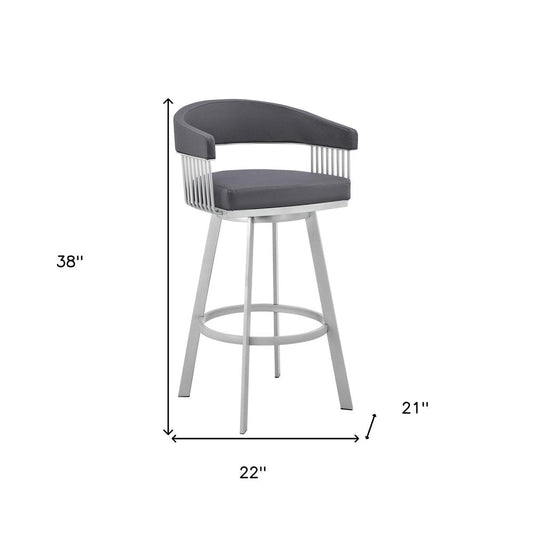 29" Slate Gray And Silver Fabric And Iron Low Back Bar Height Swivel Bar Chair HomeRoots