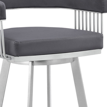 29" Slate Gray And Silver Fabric And Iron Low Back Bar Height Swivel Bar Chair HomeRoots