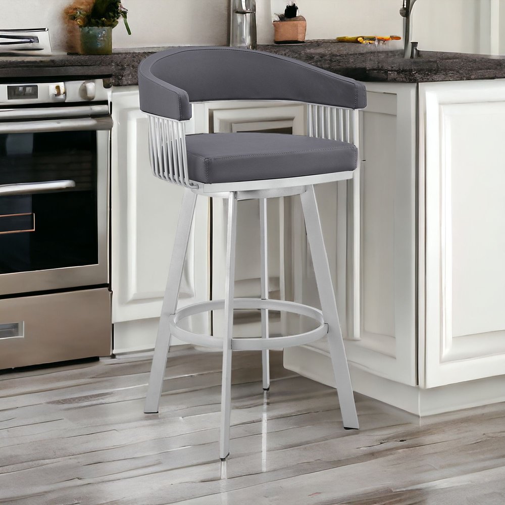 29" Slate Gray And Silver Iron Swivel Low Back Bar Chair HomeRoots