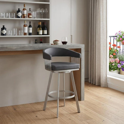 29" Slate Gray And Silver Fabric And Iron Low Back Bar Height Swivel Bar Chair HomeRoots