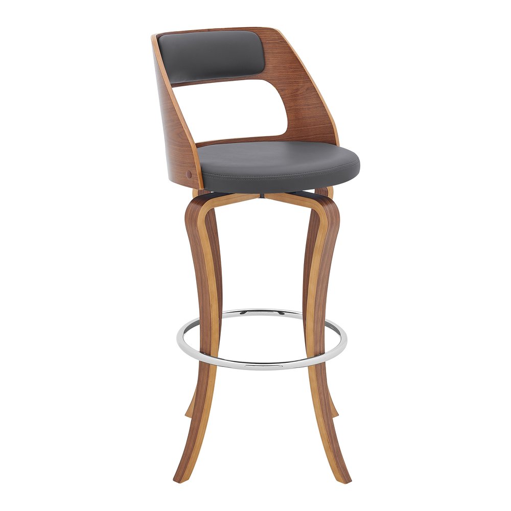 29" Gray And Brown Faux Leather And Fabric And Wood Bar Height Swivel Bar Chair HomeRoots
