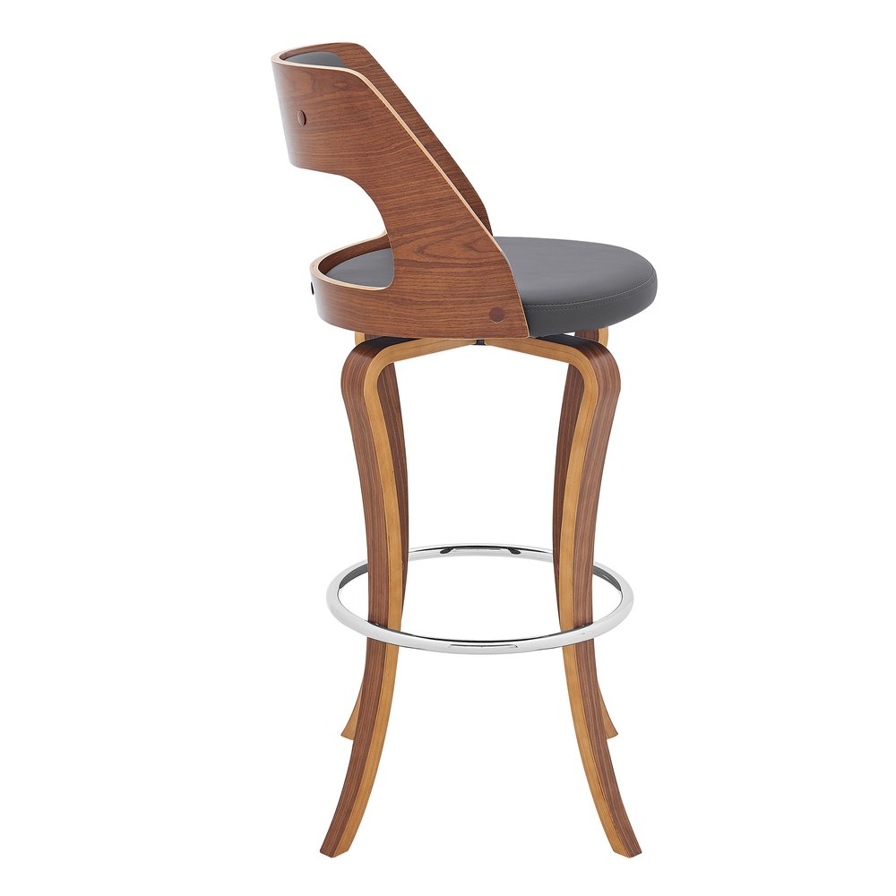 29" Gray And Brown Faux Leather And Fabric And Wood Bar Height Swivel Bar Chair HomeRoots