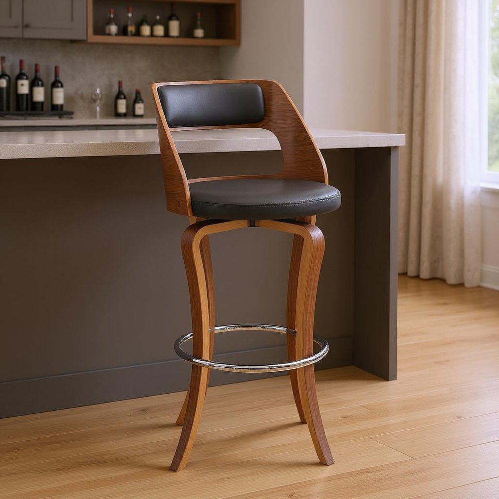 29" Gray And Brown Faux Leather Swivel Bar Height Bar Chair HomeRoots