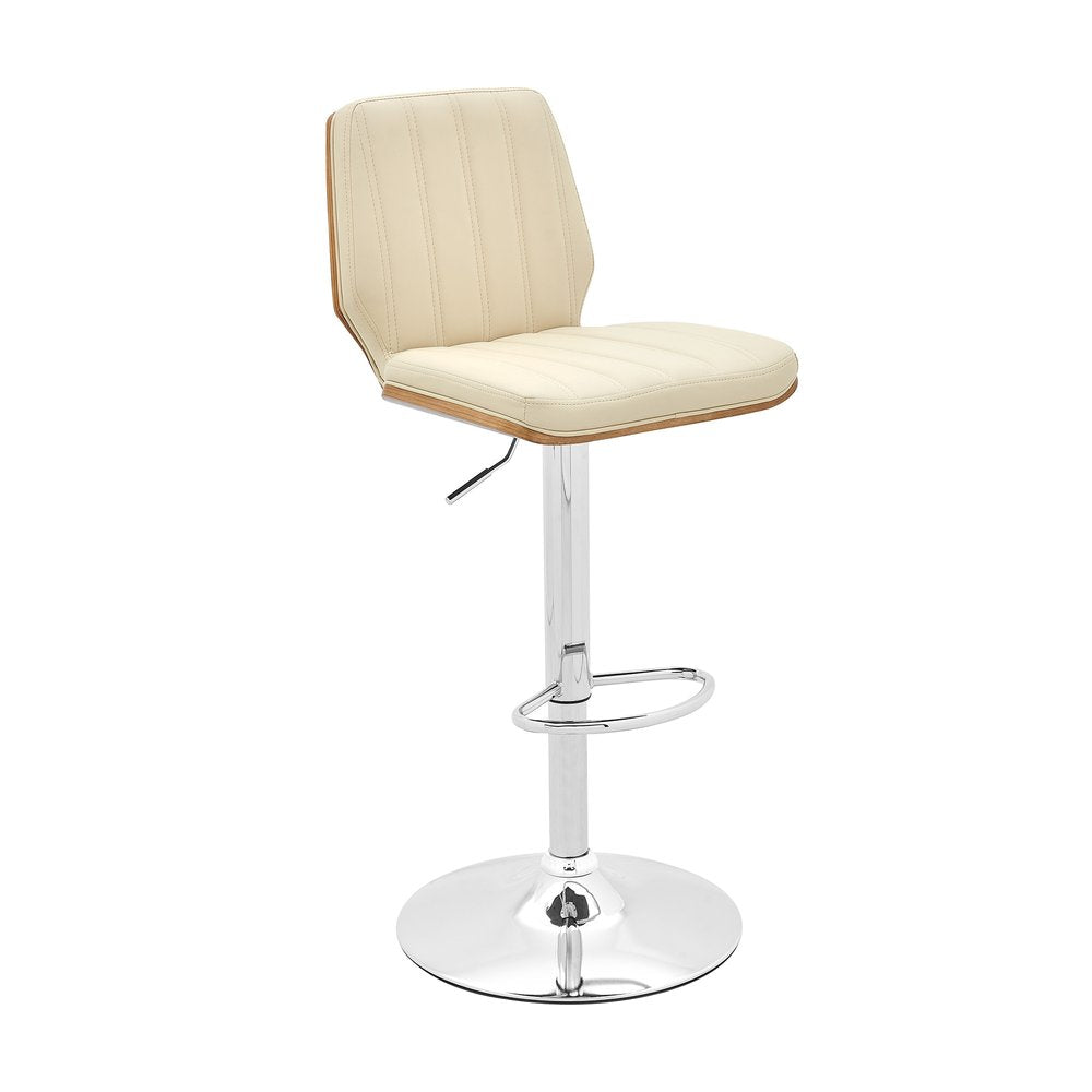 25" Cream And Silver Faux Leather And Steel Swivel Adjustable Height Bar Chair HomeRoots