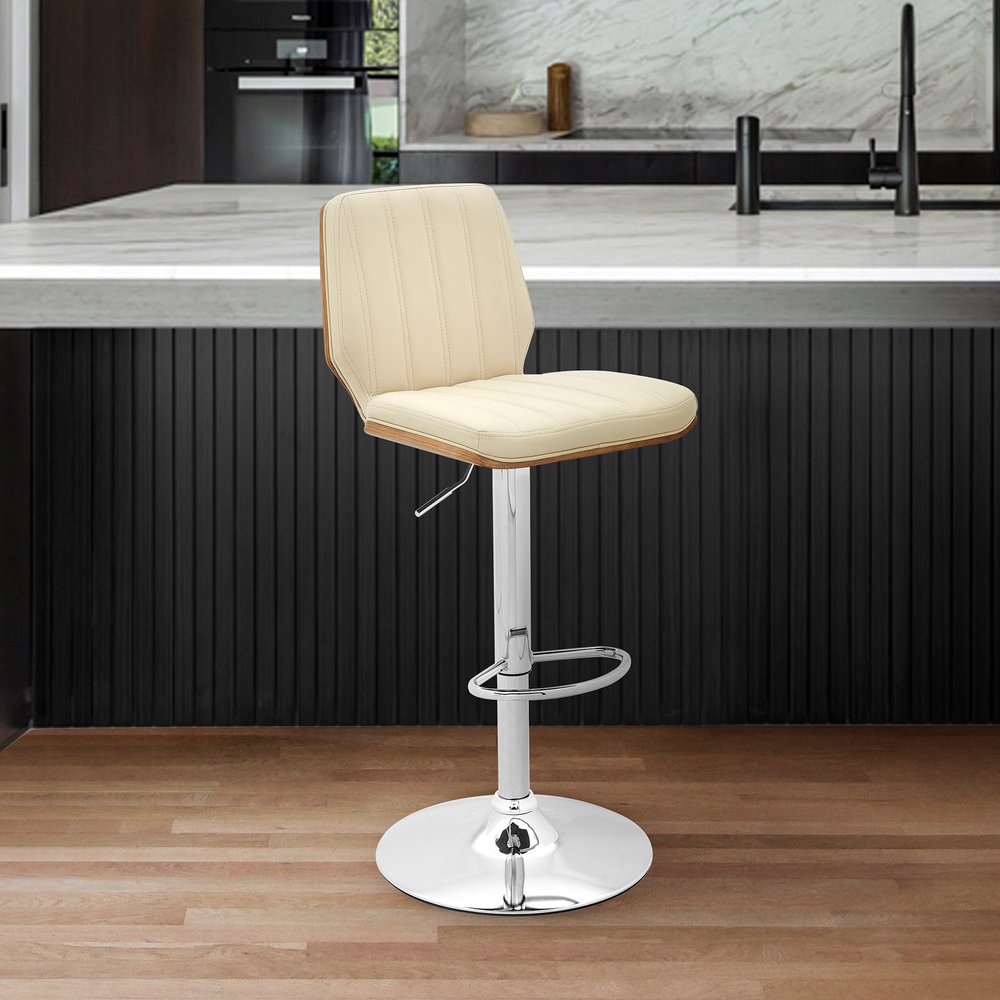 25" Cream And Silver Faux Leather And Steel Swivel Adjustable Height Bar Chair HomeRoots
