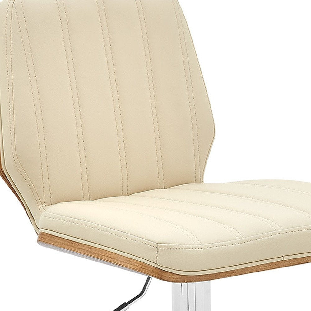 25" Cream And Silver Faux Leather And Steel Swivel Adjustable Height Bar Chair HomeRoots