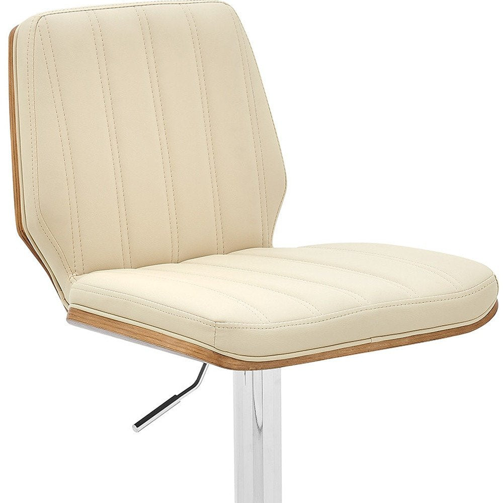 25" Cream And Silver Faux Leather And Steel Swivel Adjustable Height Bar Chair HomeRoots