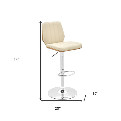 25" Cream And Silver Faux Leather And Steel Swivel Adjustable Height Bar Chair