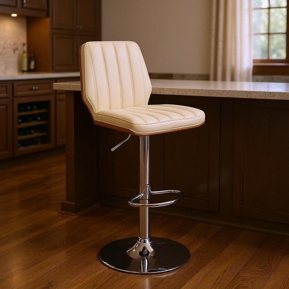 25" Cream And Silver Faux Leather And Steel Swivel Adjustable Height Bar Chair HomeRoots