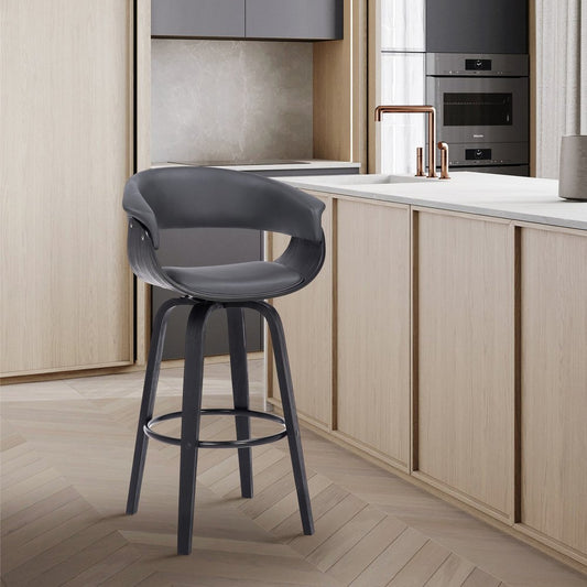 27" Gray And Black Faux Leather And Fabric And Solid Wood Low Back Counter Height Swivel Bar Chair HomeRoots