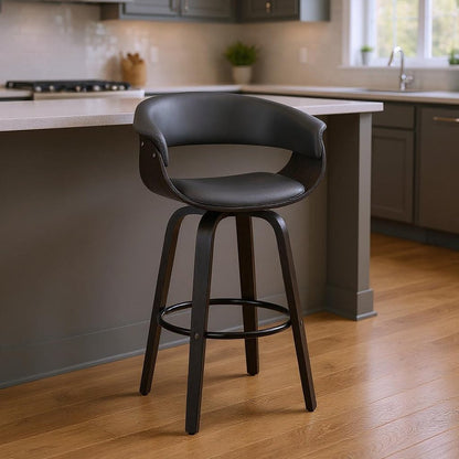 27" Gray And Black Faux Leather And Solid Wood Swivel Low Back Counter Height Bar Chair HomeRoots