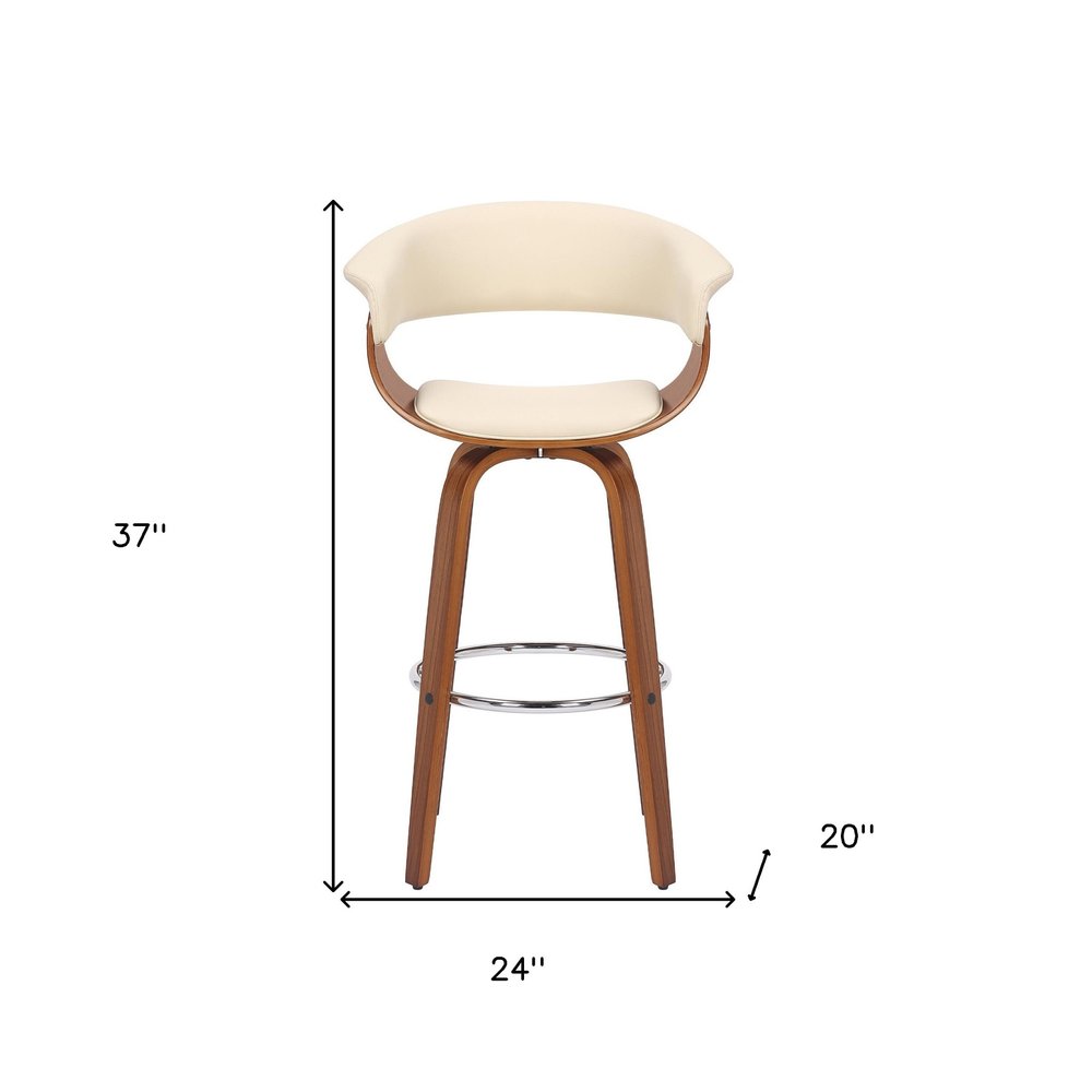 27" Cream And Brown Faux Leather And Fabric And Solid Wood Low Back Counter Height Swivel Bar Chair HomeRoots