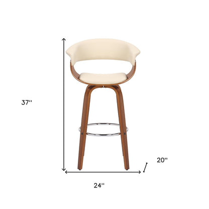 27" Cream And Brown Faux Leather And Fabric And Solid Wood Low Back Counter Height Swivel Bar Chair HomeRoots