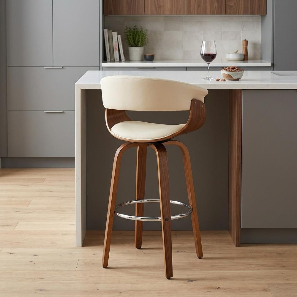 27" Cream And Brown Faux Leather And Fabric And Solid Wood Low Back Counter Height Swivel Bar Chair HomeRoots