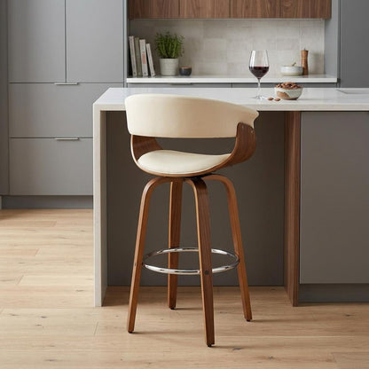 27" Cream And Brown Faux Leather And Fabric And Solid Wood Low Back Counter Height Swivel Bar Chair HomeRoots