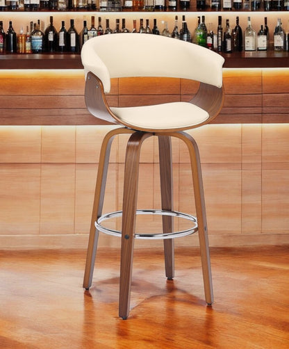27" Cream and Brown Faux Leather and Solid Wood Low Back Counter Height Swivel Bar Chair HomeRoots