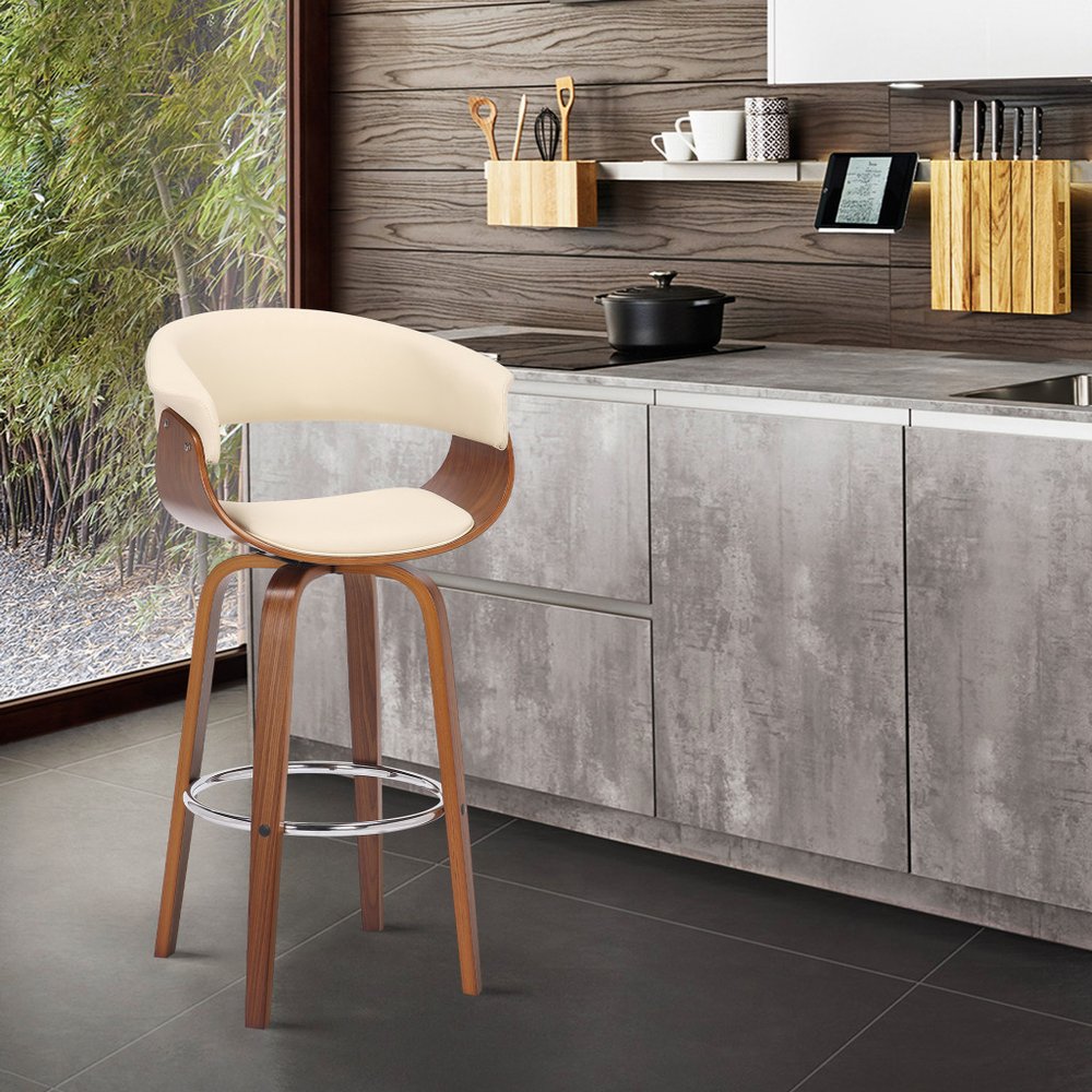 27" Cream And Brown Faux Leather And Fabric And Solid Wood Low Back Counter Height Swivel Bar Chair HomeRoots