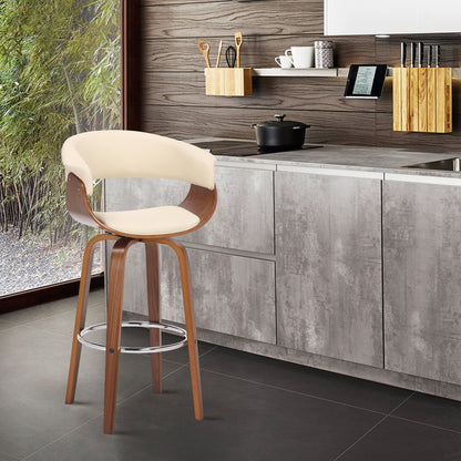 27" Cream And Brown Faux Leather And Fabric And Solid Wood Low Back Counter Height Swivel Bar Chair HomeRoots
