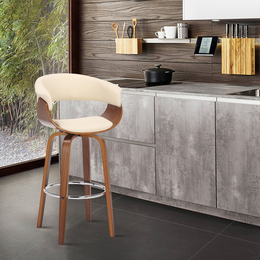 27" Cream And Brown Faux Leather And Fabric And Solid Wood Low Back Counter Height Swivel Bar Chair HomeRoots