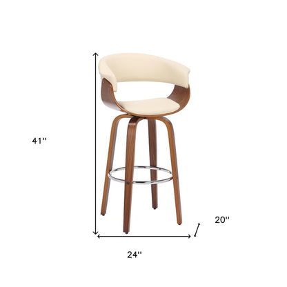 31" Cream And Brown Faux Leather And Fabric And Solid Wood Low Back Bar Height Swivel Bar Chair HomeRoots