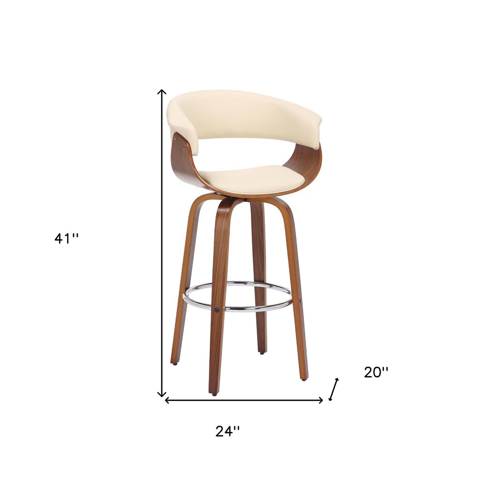 31" Cream And Brown Faux Leather And Solid Wood Swivel Low Back Bar Height Bar Chair HomeRoots