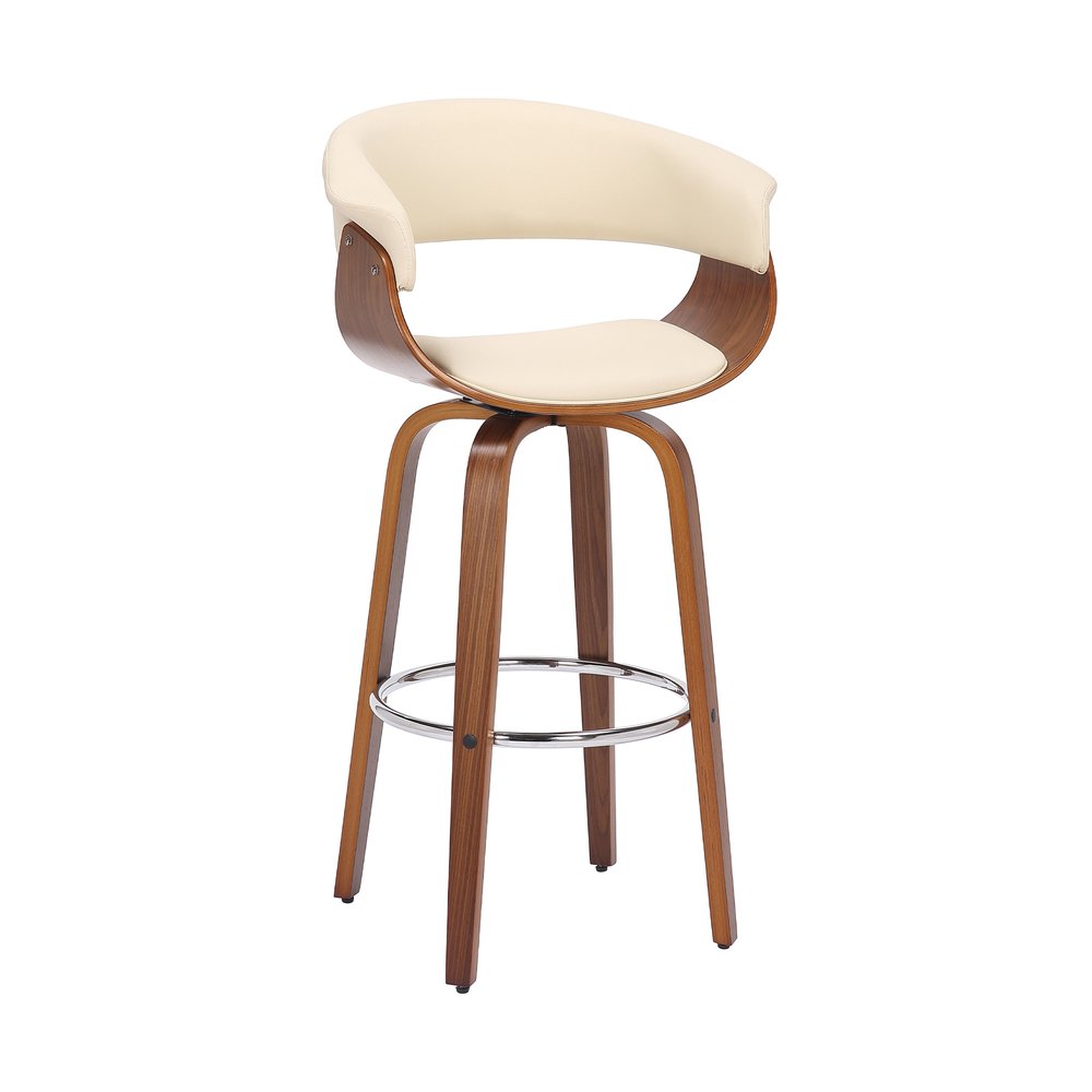 31" Cream And Brown Faux Leather And Solid Wood Swivel Low Back Bar Height Bar Chair HomeRoots