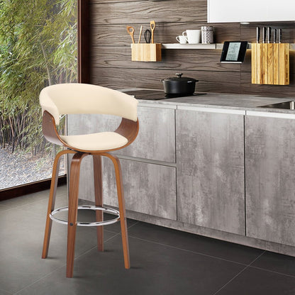 31" Cream And Brown Faux Leather And Solid Wood Swivel Low Back Bar Height Bar Chair HomeRoots