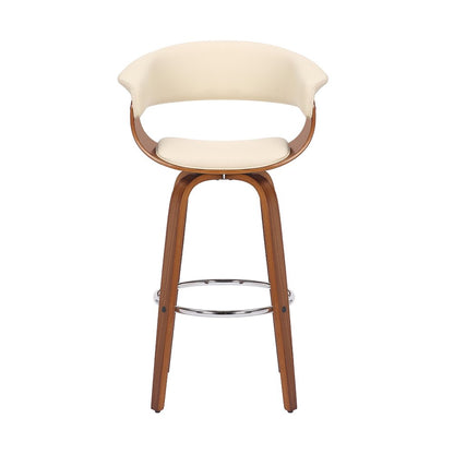 31" Cream And Brown Faux Leather And Solid Wood Swivel Low Back Bar Height Bar Chair HomeRoots