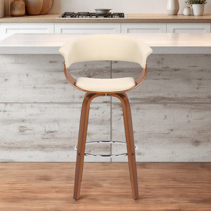 31" Cream And Brown Faux Leather And Solid Wood Swivel Low Back Bar Height Bar Chair HomeRoots