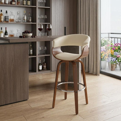 31" Cream And Brown Faux Leather And Fabric And Solid Wood Low Back Bar Height Swivel Bar Chair HomeRoots