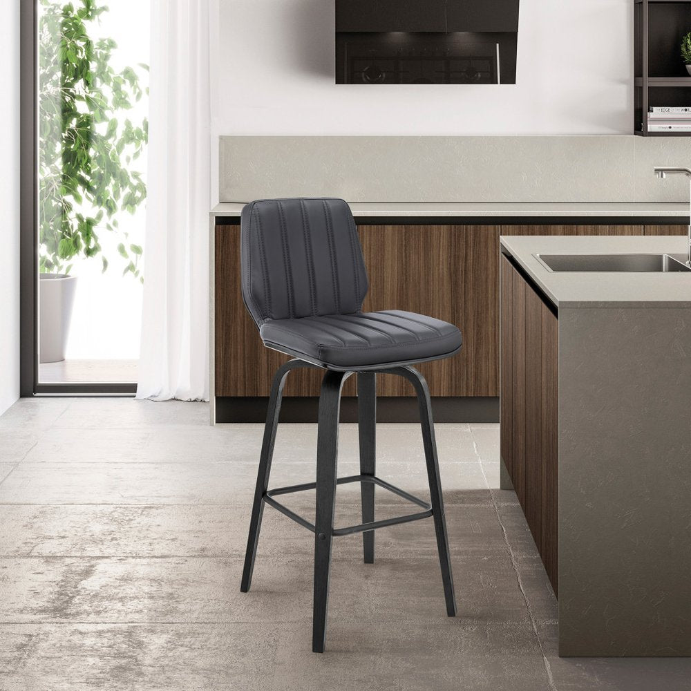 31" Gray And Black Faux Leather And Fabric And Iron Bar Height Swivel Bar Chair HomeRoots