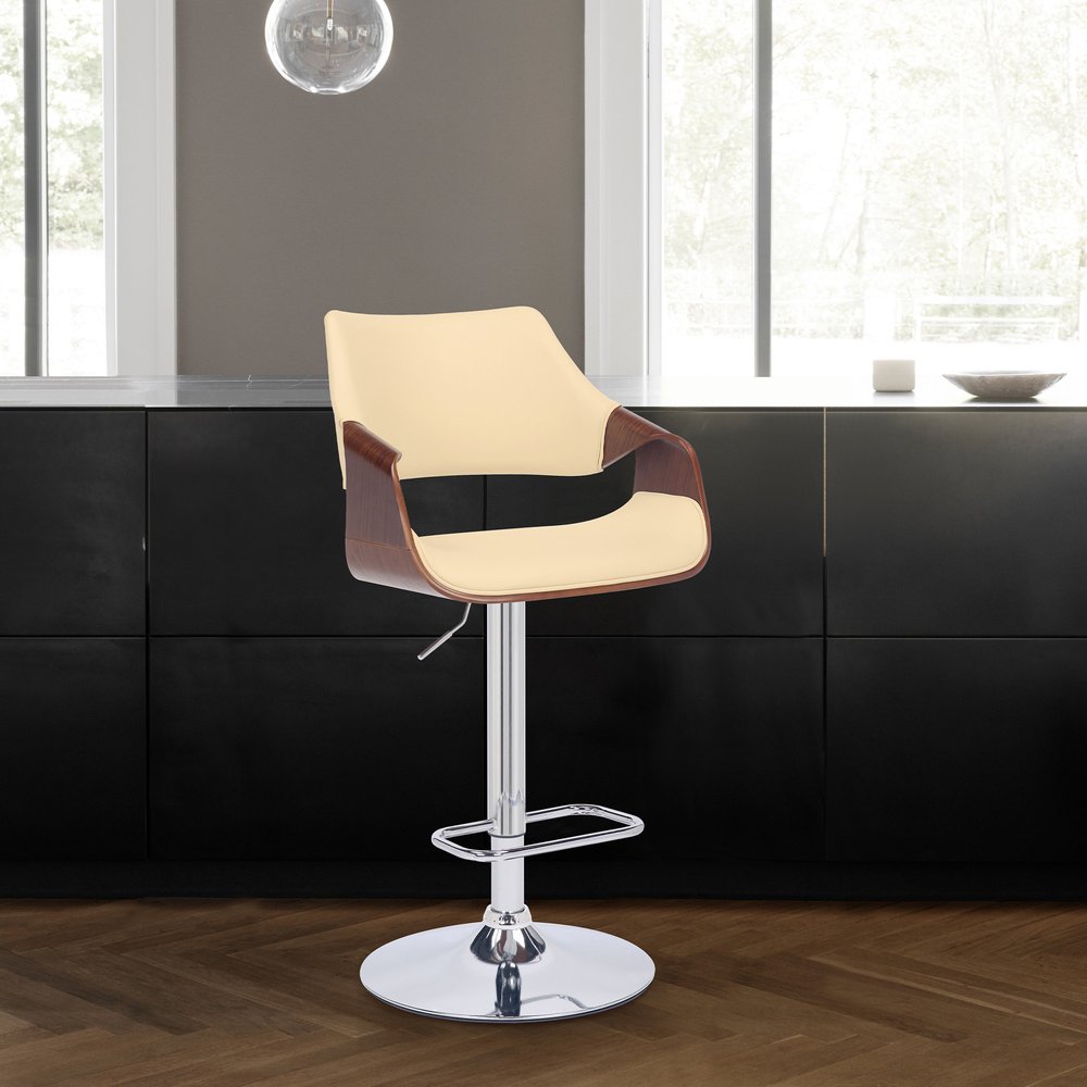 Cream And Silver Faux Leather Iron And Solid Wood Adjustable Height Swivel Bar Chair HomeRoots