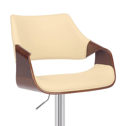 Cream And Silver Faux Leather Iron And Solid Wood Adjustable Height Swivel Bar Chair HomeRoots
