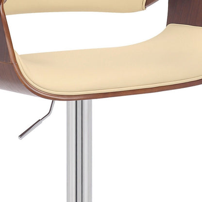 Cream And Silver Faux Leather Iron And Solid Wood Adjustable Height Swivel Bar Chair HomeRoots