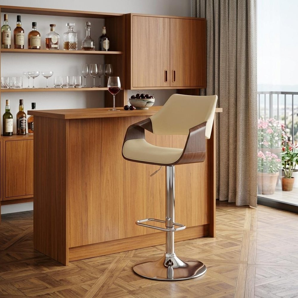 Cream And Silver Faux Leather Iron And Solid Wood Adjustable Height Swivel Bar Chair HomeRoots