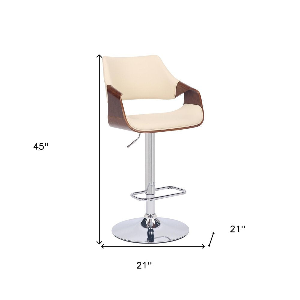 Cream And Silver Faux Leather Iron And Solid Wood Adjustable Height Swivel Bar Chair HomeRoots