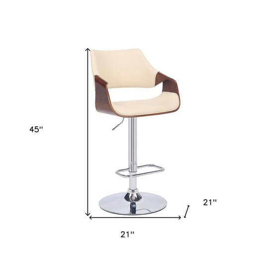 Cream And Silver Faux Leather Iron And Solid Wood Adjustable Height Swivel Bar Chair HomeRoots